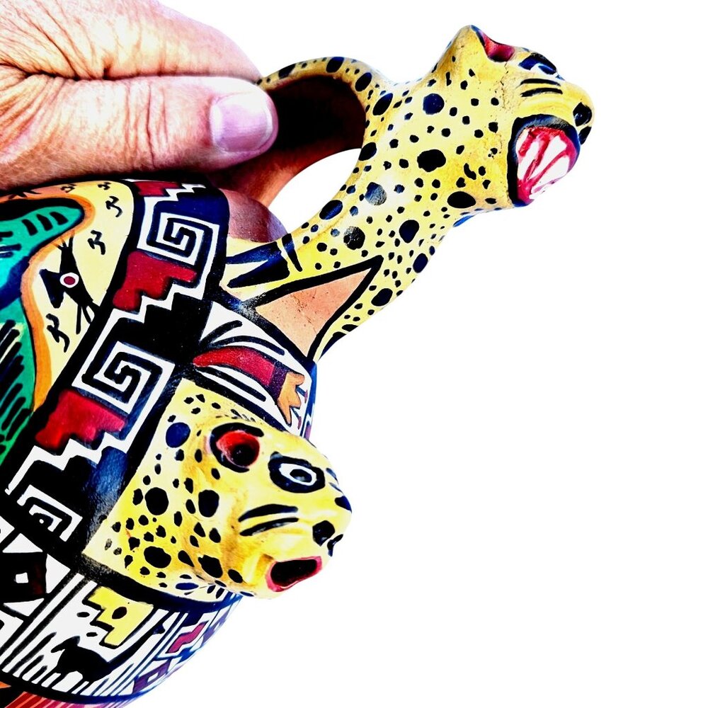 Vintage Peruvian Jaguar Pottery Double Spout Bridge Vessel Andean Art 9 Inch